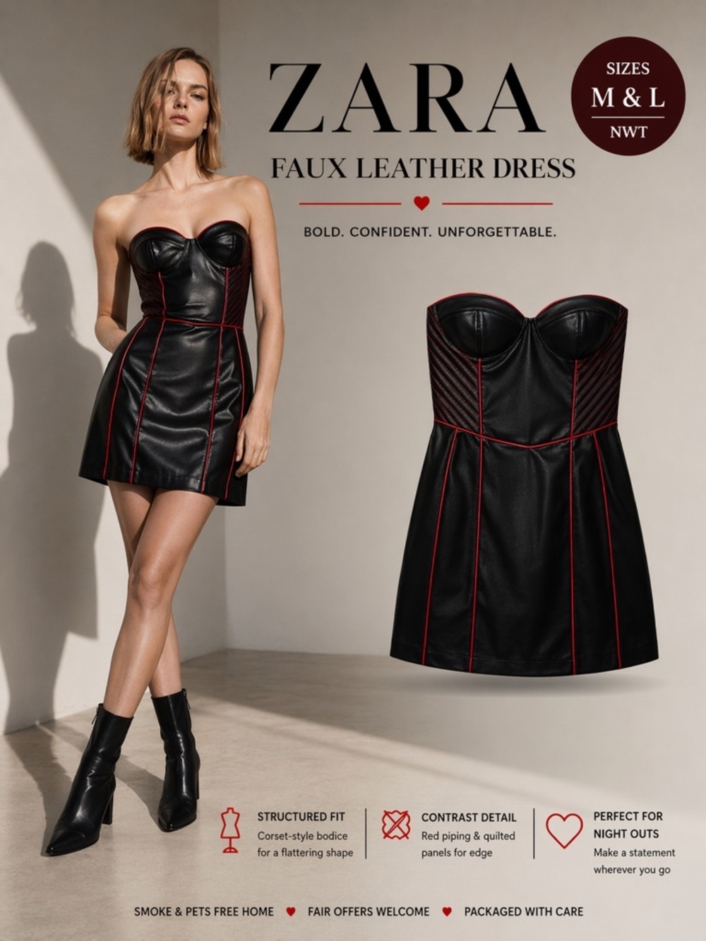 ZARA Black Faux Leather Bustier Mini Dress NWT Sizes M L Strapless Red Contrast